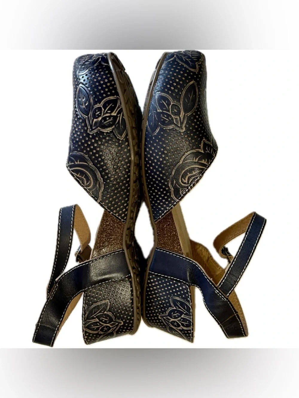 L’Artiste Lizzie Rose leather navy blue closed toe wedge sandals US 8.5 - Picture 2 of 7